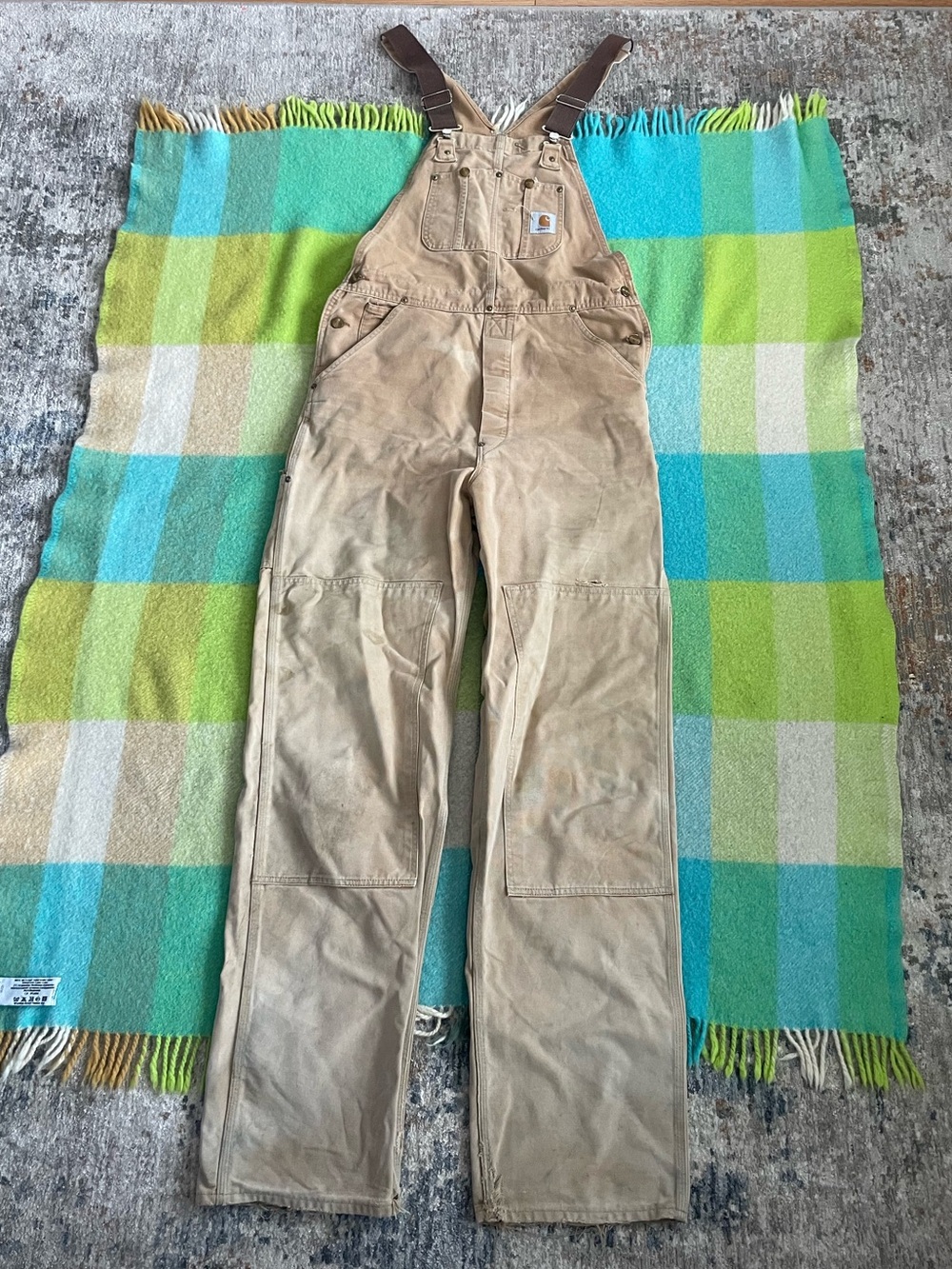Vintage Carhartt Duck Tan Canvas Double Knee Bib Overalls Size 34x35 Distressed
